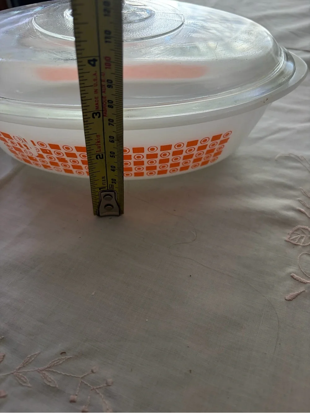 Glassbake White Casserole and Mixing Bowl Set with Orange Geometric Pattern